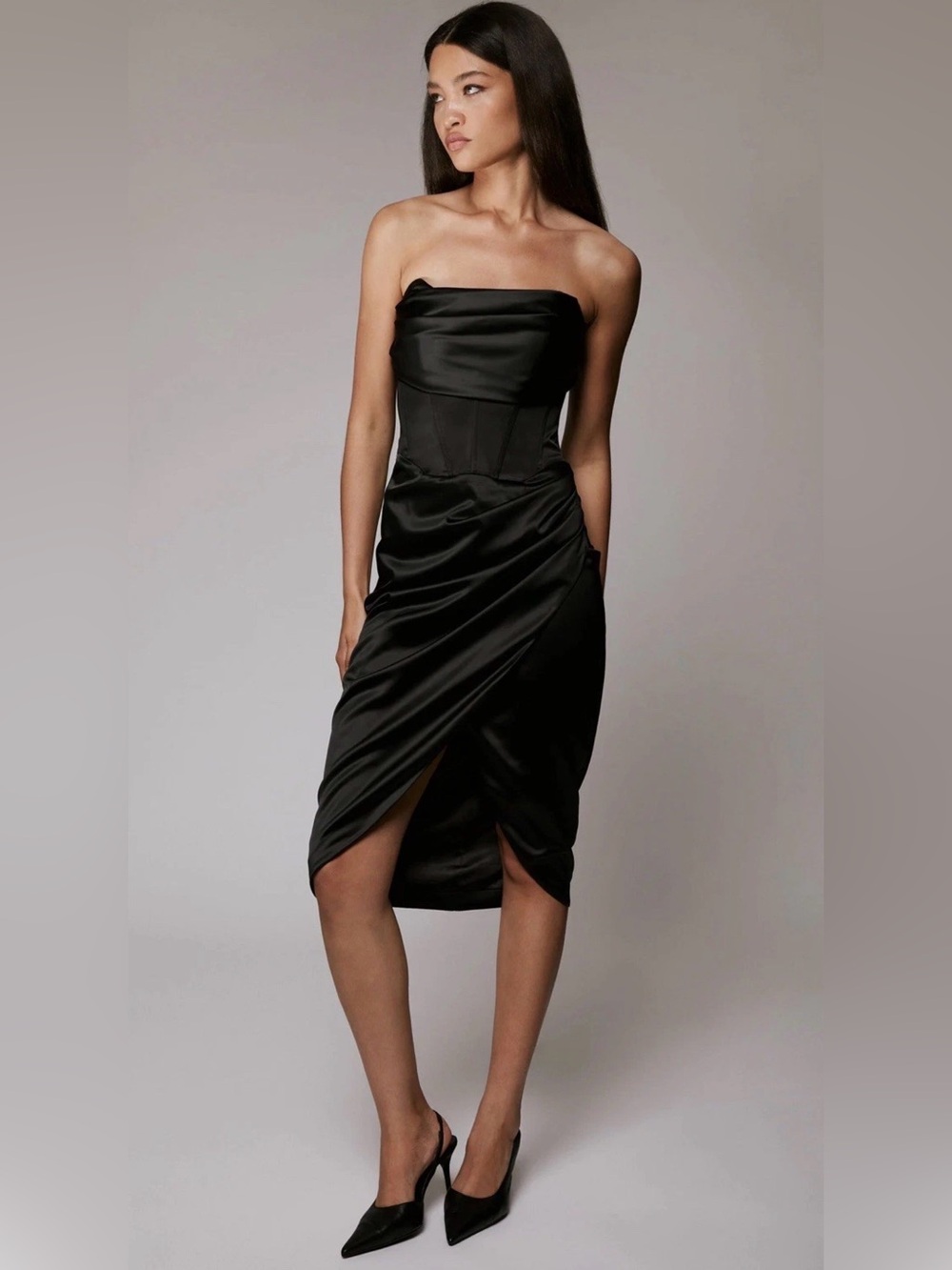 Bardot Jamila Strapless Black Satin Midi Dress Size 6